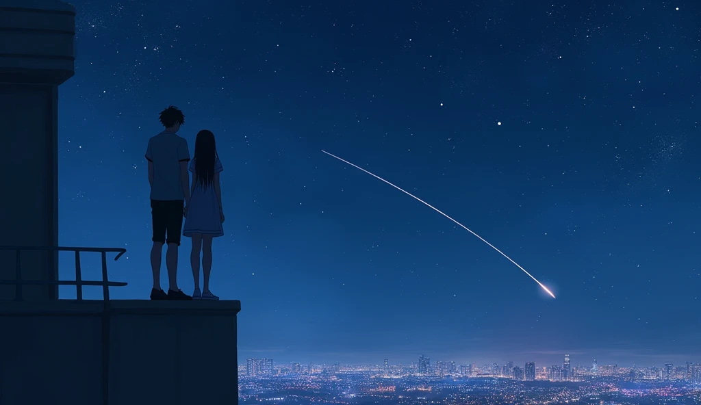 Under the Stars, a boy and a girl , Standing on the edge of the roof of a high-rise building with sadness, The sky is clear at night, the stars  。  The background is a starry sky，The two face the camera ,  and neither of them are showing their faces 。  The...