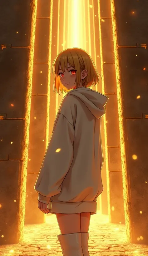  Anime 2d art . background: Large, massive gold, dimly shiny chains with rectangular links, stretched out against the background in straight lines and intersect like diagonals. foreground:bob haircut, красивая женщина блондинка со стрижкой каре turned arou...