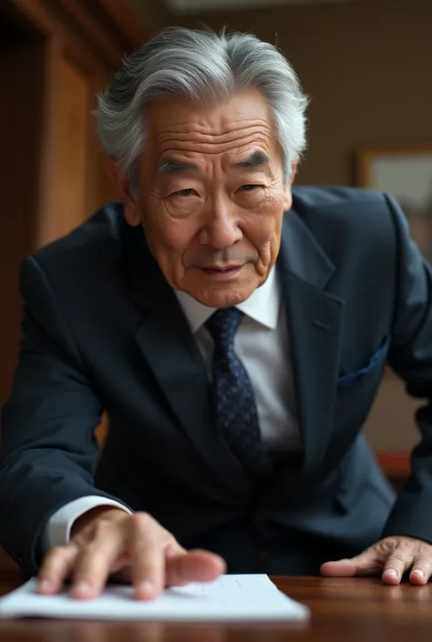  best quality, 白髪のスーツ姿の老人,An old man in a suit with gray hair trying to knock on the desk 