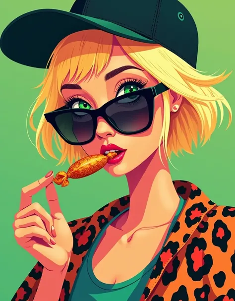 Characteristics of a beautiful girl , {white,green,yellow}  with short hair and sunglasses ,  Baseball cap, {green,yellow} background, Pure Color,  face close-up, ,  geometric graphics ,  Minimalism ,   flat illustration  , face close-up、ポップアート Andy・ウォーホル ...