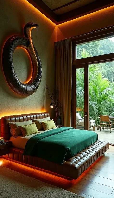 The bedroom is a serene yet adventurous retreat, combining opulence with the wild beauty of the jungle. The bed is a king-sized masterpiece, with a headboard designed to look like the coils of a snake, wrapped in luxurious leather. The bedding is in deep g...