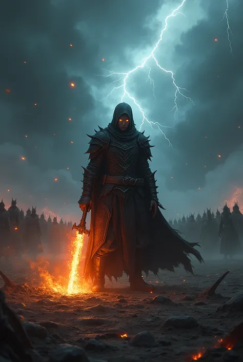 A dark, ominous battlefield under a stormy sky, illuminated by flashes of lightning. At the center stands a lone warrior, cloaked in shadows, their piercing, fiery eyes glowing with vengeance. Their armor is jagged and blackened, forged in the depths of to...