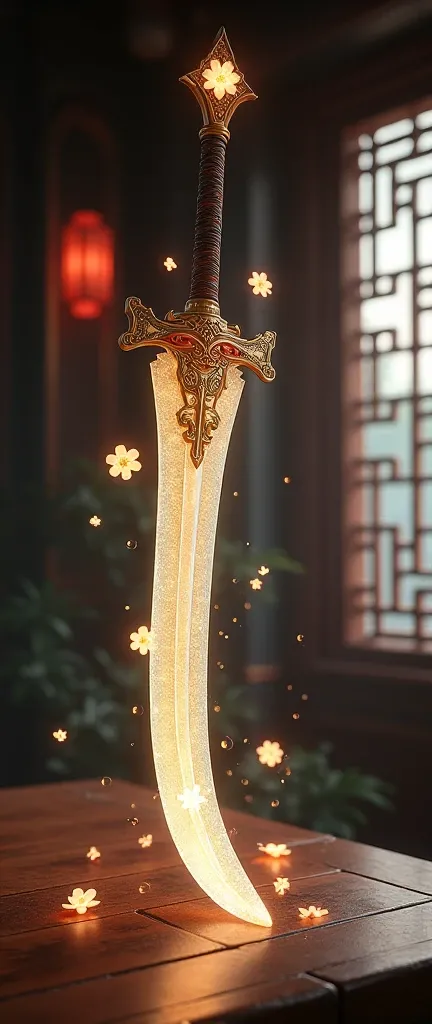 Magic Sword with Glowing Chinese Ornamental Flowers, Placed on Table, Ancient Chinese Atmosphere