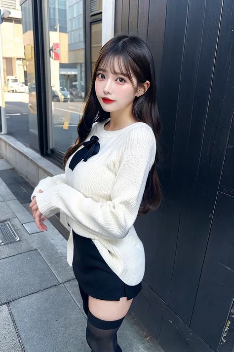 Big breasted beauty、White long sleeve knit、 Navy Blue Miniskirt、 black tights、 full body shot、 excellent style、 angle from below