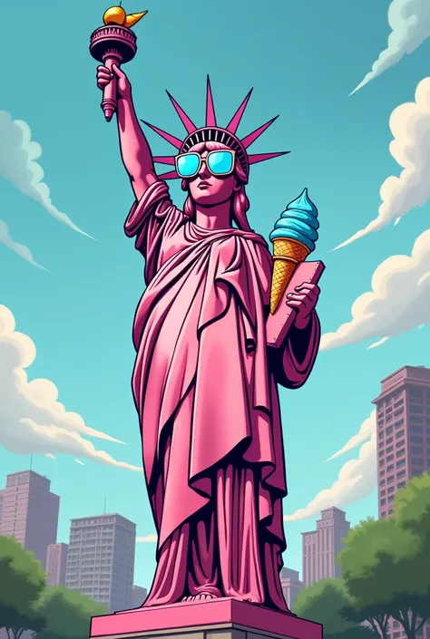 Statue of Liberty full of pink dust wearing blue glasses and eating blue ice cream located in Medellin cartoon 