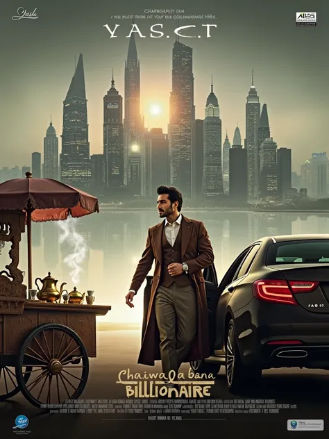 A Bollywood movie poster featuring the charming lead character, handsome Yash, radiating wealth and confidence. He sitting in a luxary car tall and proud, dressed in an elegant, tailored suit with a luxurious wristwatch, exuding the aura of a self-made bil...