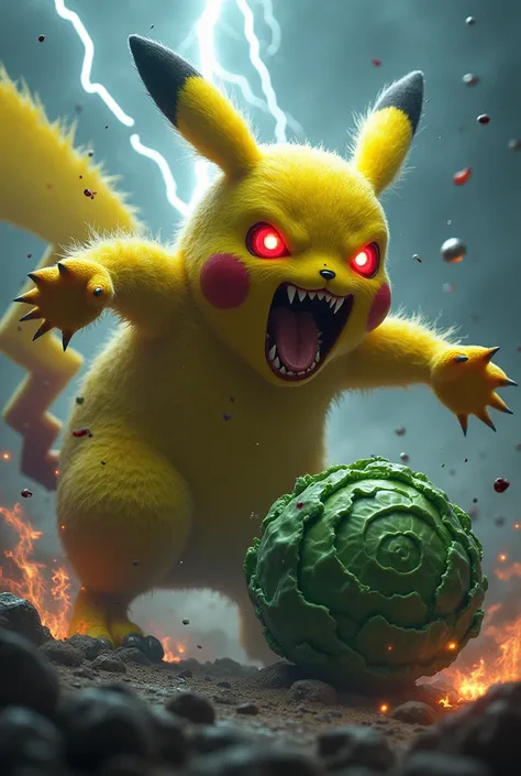  Pikachu, who is fighting fiercely with Killer Cabbage, has turned into a monster out of hate and revenge。Four arms。 tails 。 have 8 spines and tentacles all over the body 、Eyes glow red 々 and red 、 they roar with their large mouths open 。 and a black aura ...