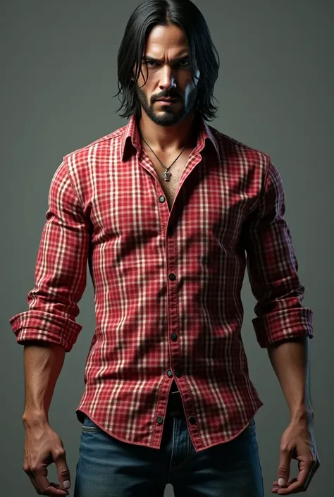 John Wick in red checkered shirt ,Blue jeans 