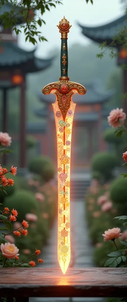 MAGIC SWORD WITH GLOWING CHINESE ORNAMENTAL FLOWERS, PLACED ON TABLE. ANCIENT CHINESE ATMOSPHERE IN THE MIDDLE OF THE FLOWER GARDEN.