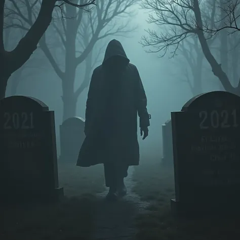  Stranger man in the hip hop fog between graves, Headstone 2021 ,  headstone 2022 ,  tombstone 2023 and headstone 2024 
