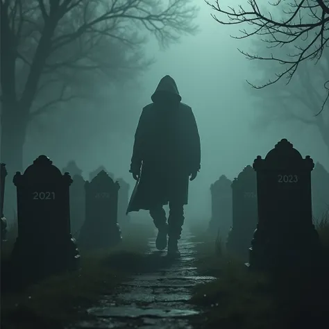  Stranger man in the hip hop fog between graves, Headstone 2021 ,  headstone 2022 ,  tombstone 2023 and headstone 2024 
