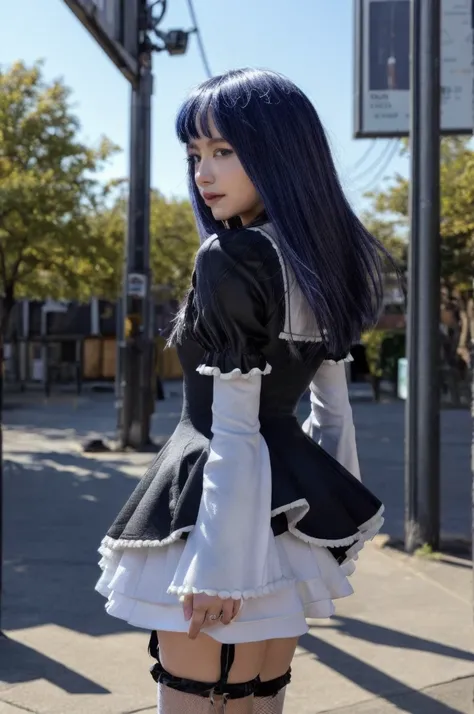 The image shows two females standing on a reflective street. (The first: is dressed in an elaborately detailed costume, which includes a black and white dress with a blue bowtie, knee socks, and black shoes. The costume also features a cat-tail accessory a...