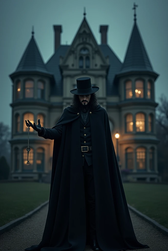 Guy Fawkes goes out for revenge wearing a long black cape and black hat in front of a Victorian-style house at night that hands keys to the spectator