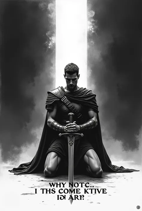  A kneeling gladiator with a sword and a light from heaven that covers him with a phrase that goes down below "God doesnt leave a warrior in the field "  with a black and white tattoo style  