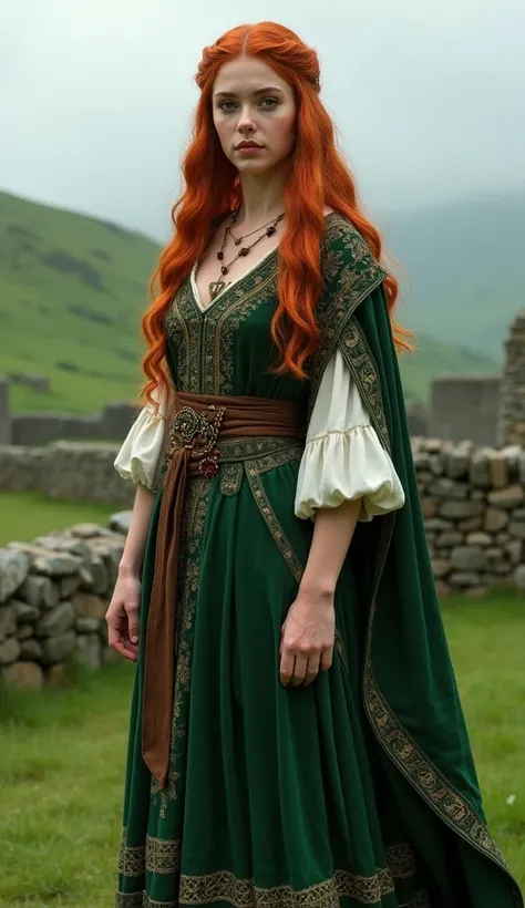 A full-body, ultra-realistic image of an Irish woman standing in front, with traditional Irish features. She has red hair, styled in a traditional manner, and is wearing attire that reflects her cultural heritage, such as a flowing dress with Celtic patter...