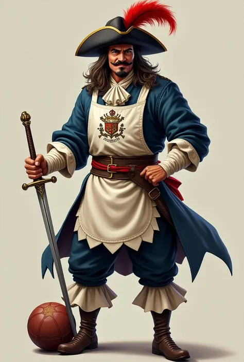 Create a striking and realistic representation of a musketeer with a confident and heroic posture. He wears a hat with a red feather, he has a mustache, goatee and long hair. He wears Renaissance-style clothing. The clubs crest is printed on a white apron ...