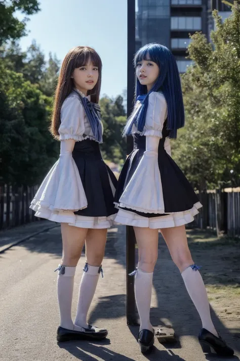 The image shows two females standing on a reflective street. (The first: is dressed in an elaborately detailed costume, which includes a black and white dress with a blue bowtie, knee socks, and black shoes. The costume also features a cat-tail accessory a...