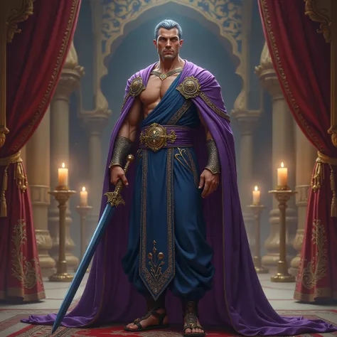 The Reincarnation of Constantine the Great 。 Anime Characters 。Elegant men, 20th Generation,  mature man,Metallic blue hair。, Short straight hair,  neck-length hair , Golden Eyes, Tall。Pompidou々。Blue tunic, purple toga with intricate gold thread embroidery...