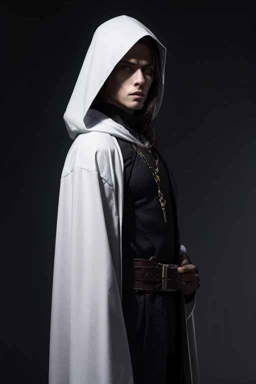 Pale swordsman, mysterious, hood oculting the face, dark fantasy, medieval, tons of gray, white and black