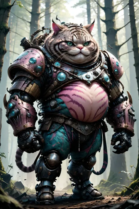 photorealistic portrait of Dressed animals - a ((fat)) Cheshire cat warrior,(brave pose), high quality,(art by Carne Griffiths) ,intricate detailed giant mechanical arms, highly detailed ((mechanical armor) ,,highly detailed armor, forest background , (bra...