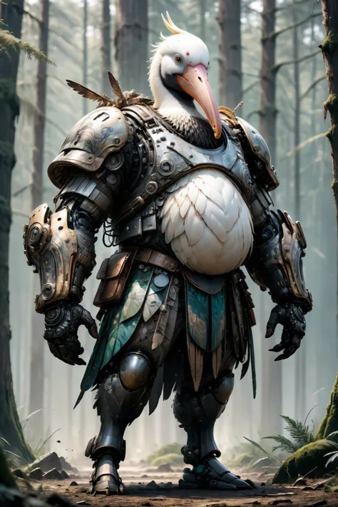 photorealistic portrait of Dressed animals - a ((fat)) pelican warrior,(brave pose), high quality,(art by Carne Griffiths) ,intricate detailed giant mechanical arms, highly detailed ((mechanical armor) ,,highly detailed armor, forest background , (brave), ...