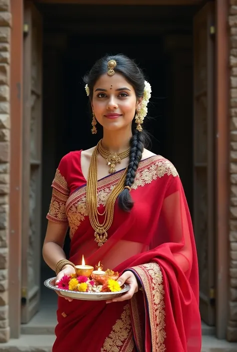 "Create a stunning 30-year-old Indian woman dressed in a rich, traditional red saree with intricate golden embroidery. She is stepping out of an ancient temple, its stone-carved architecture visible in the background. The woman carries a puja thali adorned...