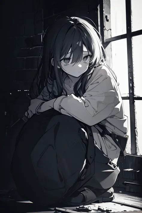 A worn-out woman, exhausted expression, deep sadness in her eyes, long messy hair, crouching in the corner, monochrome, chiaroscuro lighting, grungy, cinematic, dramatic