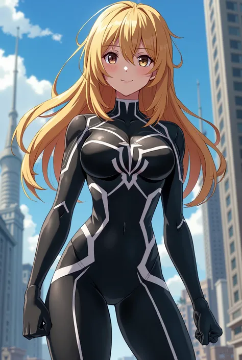   My Hero Academia style , Anime girl, female, young female ,    full body shot  ,(Fighting pose:1.3),  Long hair, yellow Hair,    Brown Eyes   ,  hero suit, Full Body Suit, Black suit with White detail , perfect anatomy,  toned abs,Super detailed,( buildi...