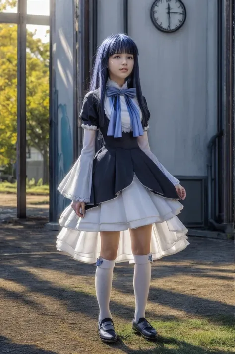 The image shows two females standing on a reflective street. (The first is Frederica Bernkastel dressed in an elaborately detailed costume, which includes a black and white dress with a blue bowtie, knee socks, and black shoes. The costume also features a ...