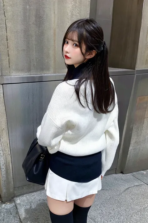 Big breasted beauty、White long sleeve knit、 Navy Blue Miniskirt、 black tights、 full body shot、 excellent style、 angle from below、back、 long hair、slouch