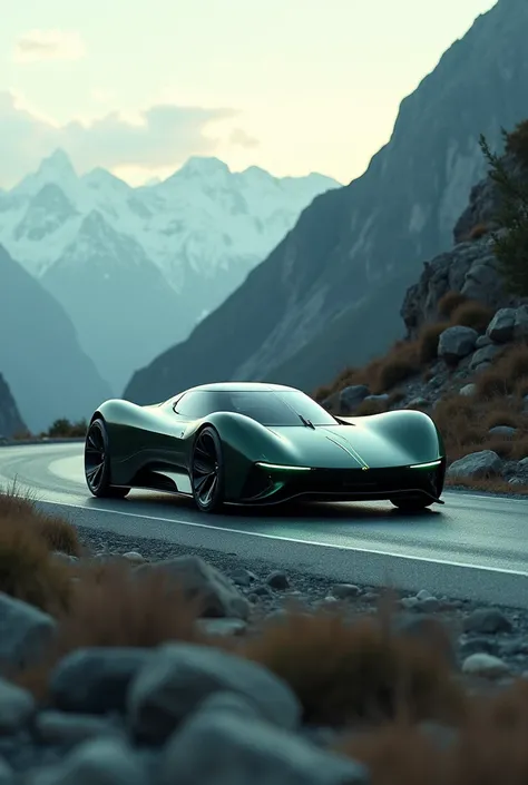 Car design with a narrow chassis 、concept、science and technology、The body has a small amount of low-saturated green embellishments、The headlights are cool 、mountain road background 、reality