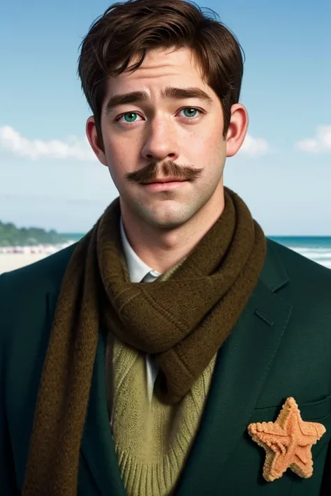 portrait, 26 years old man version of (John Krasinski), freckles, french mustache, big nose, (brown hair), ((wearing green star shaped suit)) and a green striped scarf, in a beach, Full HD, Stunning visuals, Ultra detailed, High quality, 8K, Highly detaile...