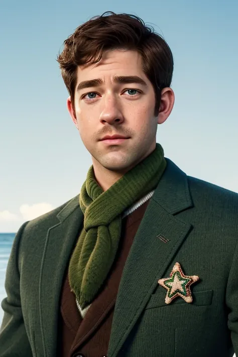 portrait, 26 years old man version of (John Krasinski), freckles, french mustache, big nose, (brown hair), ((wearing green star shaped suit)) and a green striped scarf, in a beach, Full HD, Stunning visuals, Ultra detailed, High quality, 8K, Highly detaile...