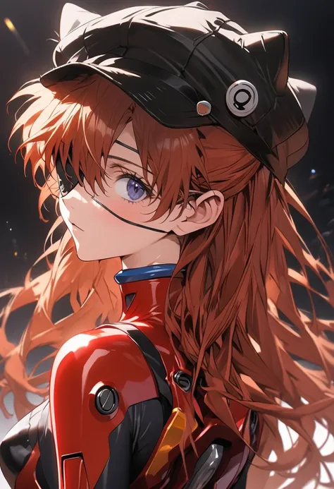   best quality、  detailed face  、  Next to the cat looking up at Neon Genesis Evangelion：New movie version 、   Shigure Asuka Langley 、  Red Plug Suit  、Eye patch、（Cat hat、black)look back