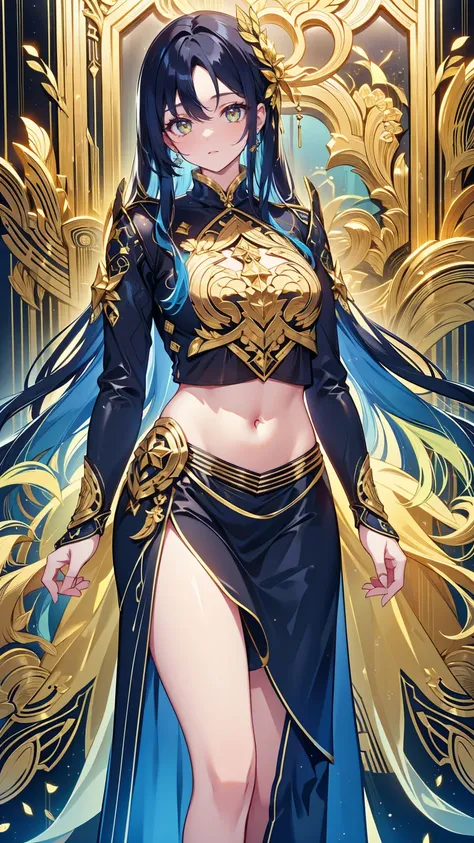  Long smooth straight black hair ,  dark blue hair with inner color ,  golden eyes,  standing wearing a crop top and loose clothing,masterpiece,  super detailed,  best quality, 8k,Semi-realistic