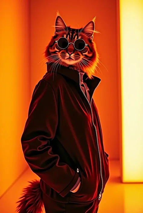 Best mobile wallpaper, award-winning wallpaper, portrait photography, portrait of a cute cat in mid-1960s space-age fashion, side-view shots, shot with Canon EOS R5, stark contrast settings highlighting subjects, fluorescent orange shades, hip 1960s style ...