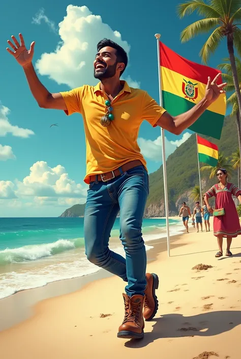 
 man dancing with boots and bells wearing sports polo and blue jeans, on a paradisiacal beach and Bolivian flags and the image of the Virgen del Socavón in the background
