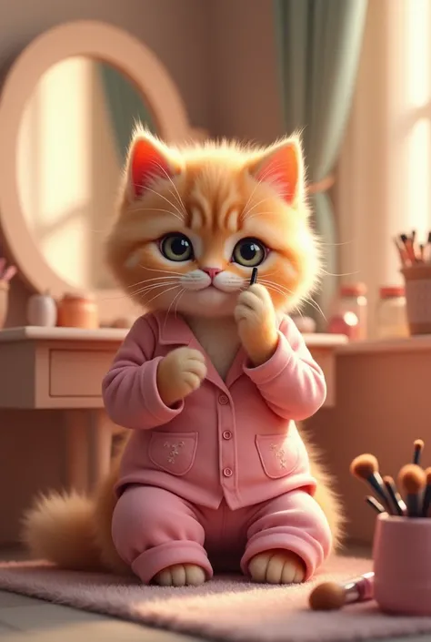 Light orange cat  doing her makeup wearing beautiful pink pajamas sitting on chair in a dressing room 