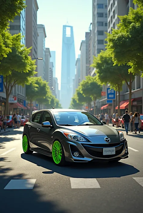 Mazda 3 earth-gray hatchback model 2006 with fluorescent green wheels on a daytime street