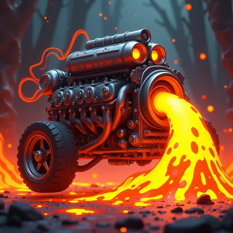 
car engine that has lava coming out of it in animated form