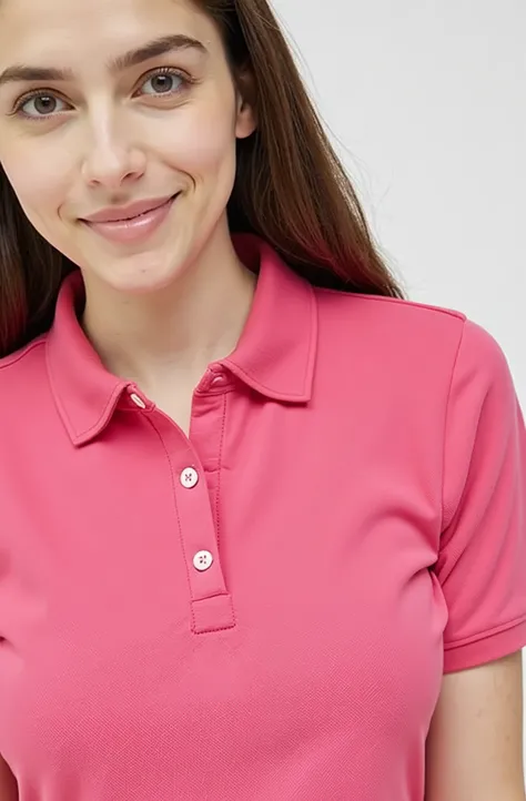 a close up of a woman in a pink shirt posing for a picture, wearing polo shirt, pink shirt,   short sleeves, pink clothes, colla red shirt, Magenta shirt, collar on the neck, (PINK CORES), neckline,  red shirt, attractive girl,  sportswear, neckline halter...