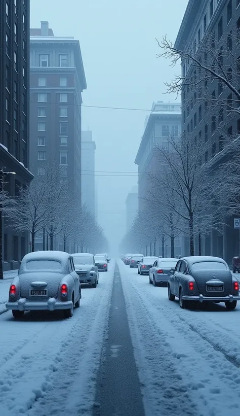 "A realistic city street covered in frost and ice, with cars and buildings frozen. The scene is dark, with no sunlight, and breath is visible in the icy air."