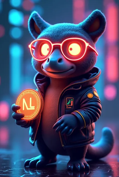 "Create a humorous and quirky platypus avatar tailored for the crypto meme niche. The platypus should have a futuristic and tech-savvy vibe, wearing glowing neon digital glasses and a sleek cyber jacket with a blockchain-inspired pattern. It should hold a ...