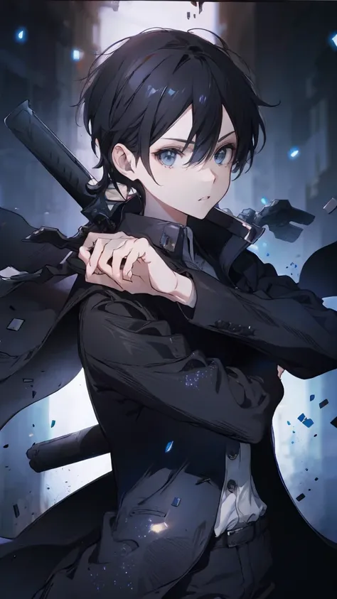 short black hair, grey eyes, handsome man, cold face, monarch, starry skies, black suit, black trench coat, chaotic background.