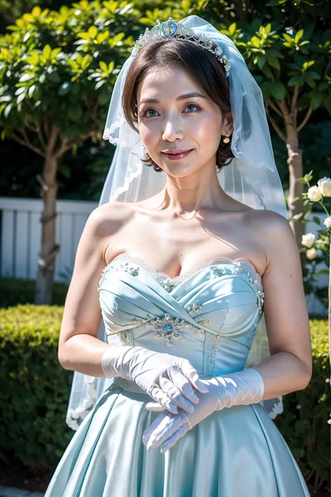 ((masterpiece)), ((best quality)), a middle-aged short-hair woman, (((she is wearing a light blue wedding dress))), in a garden,...