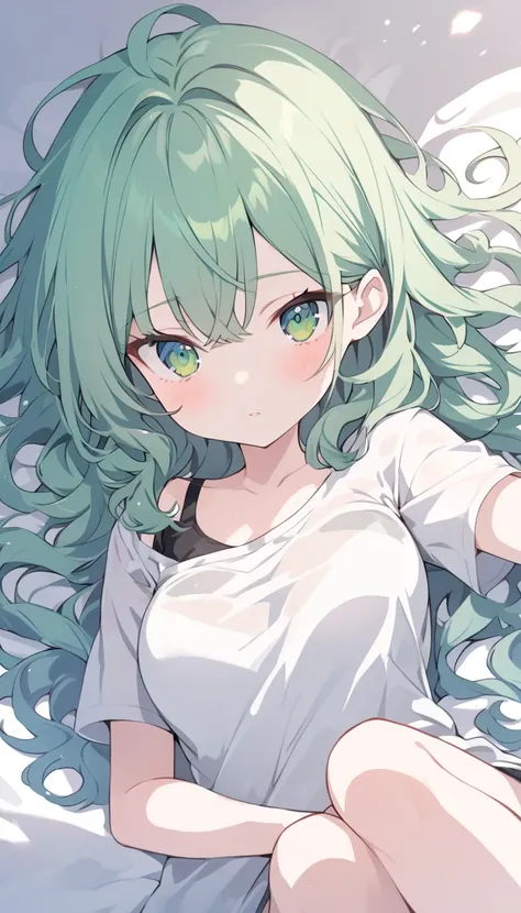 anime lady in sexy shirts, 1girl, solo, cute and sexy girl, looking at viewer, green long wavy  hair, green eyes,bared shirts, laying down