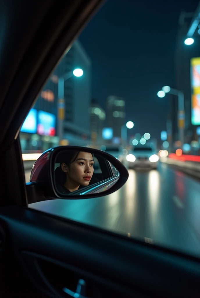 A 20-year-old female tycoon from Korea takes a certified shot to post in a chat room while driving at night with her dad. The certified shot shows the rearview mirror and shows the night view. Create the certified shot.