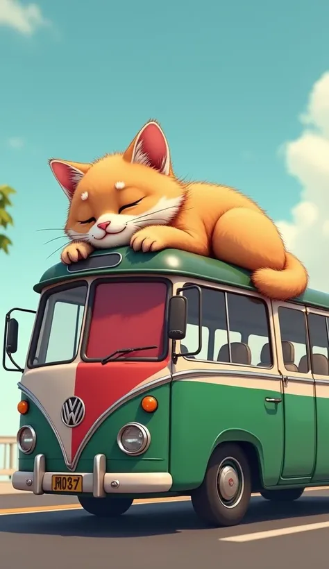 create an animated image of a giant kitten relaxing on top of the cabin of a bus colored with the Palestinian flag.