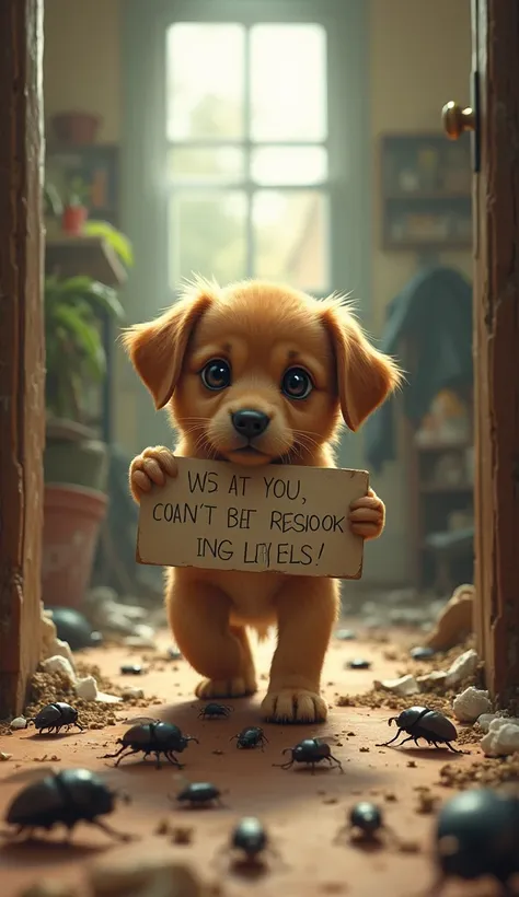 Create an image of a baby dog ​​in a dirty room full of bugs with a sign that says: COULD YOU FOLLOW ME?