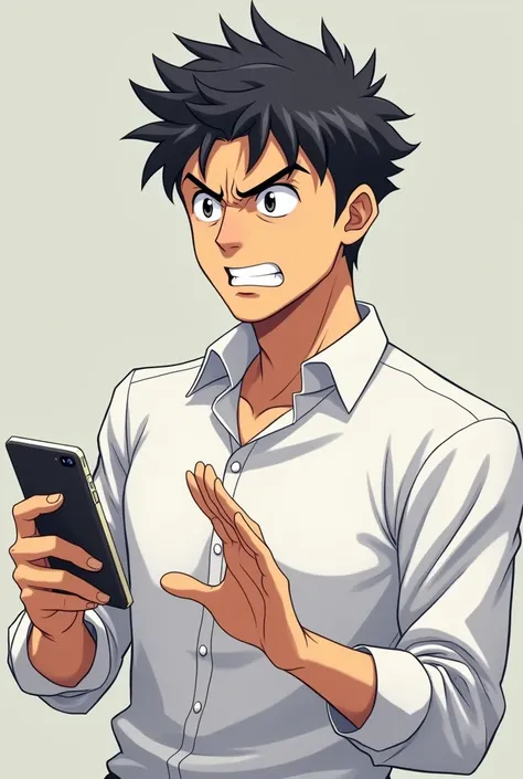 Anime man holding cell phone wearing white shirt, acting disgruntled with mobile